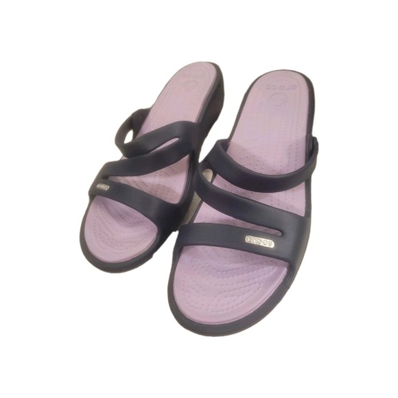 Crocs Size 10  Heeled Patricia Sandals Blue With  Purple Insoles - Picture 2 of 8